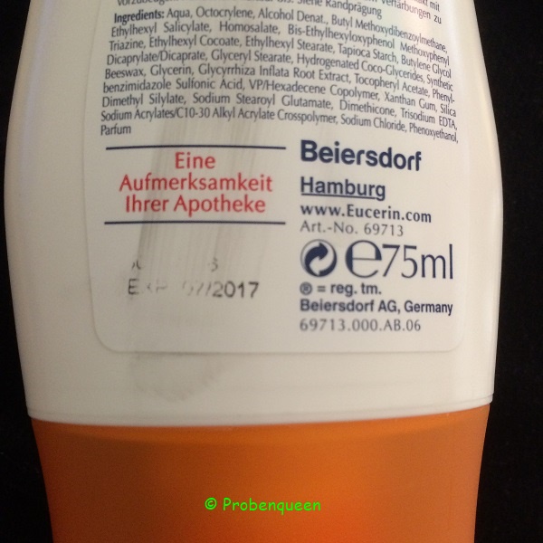Eucerin Sun Lotion LSF 30 extra leicht verschmiertes Etikett Probenqueen